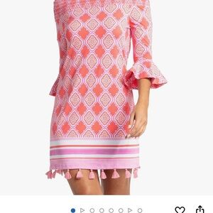 Cabana Life Women’s Pink and White Patterned Dress with Tassels XS